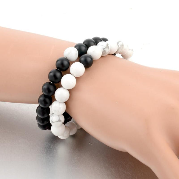 Soulmate Connection Bracelet Set - Black & White Gemstone Bond for Couples